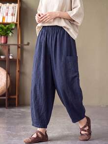 SHEIN Women's Vintage Casual Lantern Pants Loose Comfortable Pumpkin Pants Ramie Linen - Dusty Blue - View 1