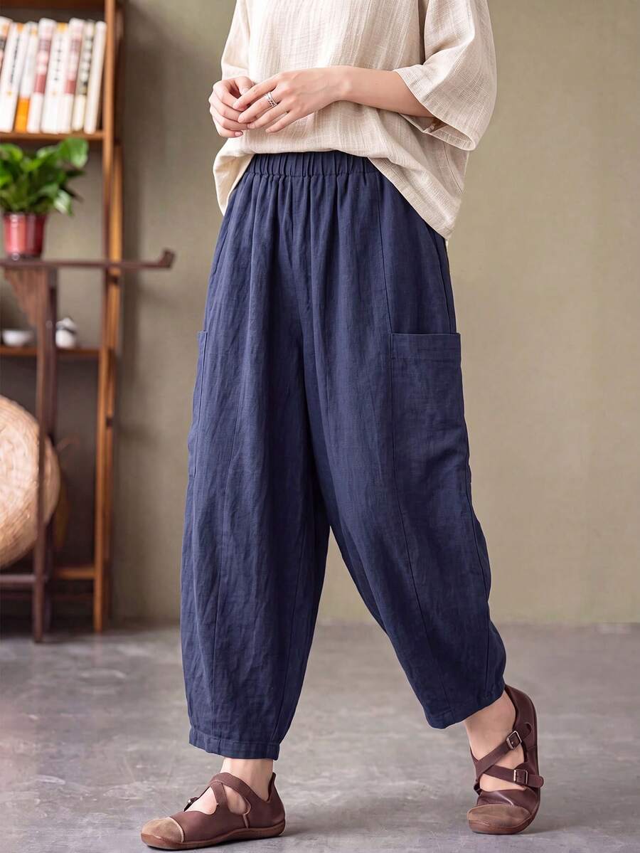 SHEIN Women's Vintage Casual Lantern Pants Loose Comfortable Pumpkin Pants Ramie Linen - Dusty Blue - View 1