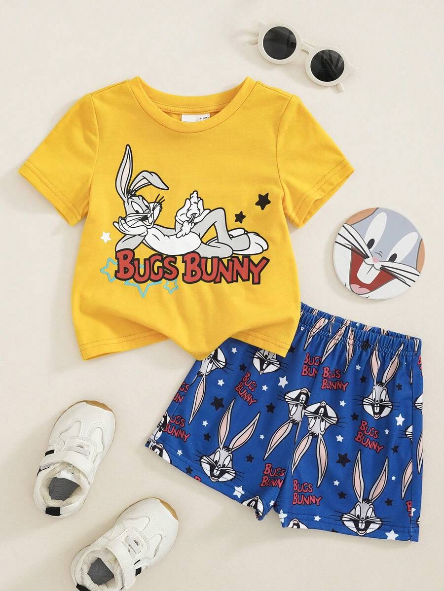 LOONEY TUNES X SHEIN 男嬰卡通印花圓領短袖T恤與短褲套裝 - 彩色 - 查看 1