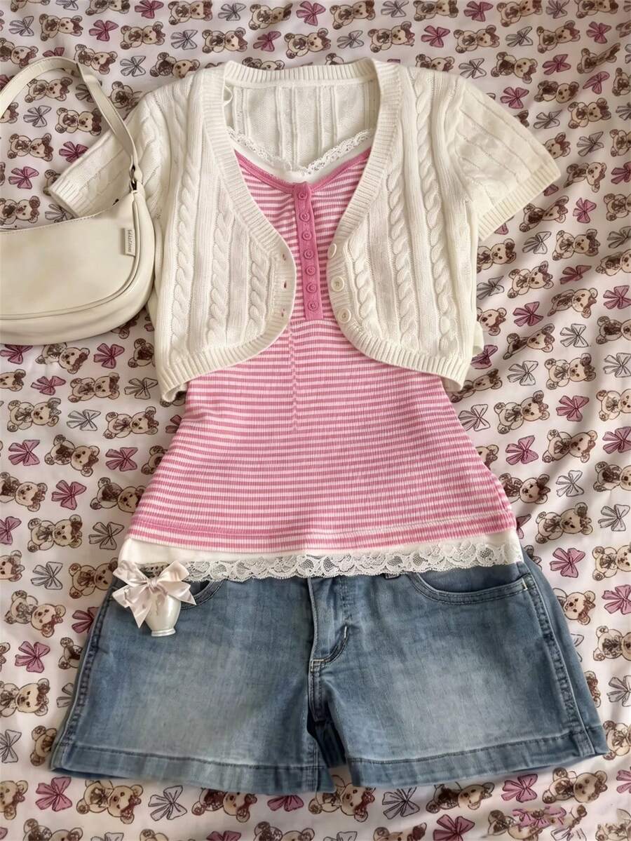 IslaSuriya Off-White 復古可愛休閒溫柔女孩針織背心開襟衫，適合購物、度假、日常通勤、上學、約會，秋季穿搭 - 白色 - 查看 1