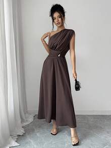 Elenzga Vestido Longo Feminino Primavera/Verão Estilo Francês Chique Luxo Elegante Minimalista Design de Alta Qualidade Casual Boêmio Férias Trabalho Confortável Cor Sólida Decote Assimétrico Costas Franzidas Cintura Elástica Ajustada A-Line Decoração com Contas Sem Mangas - Castanho - Visão 3