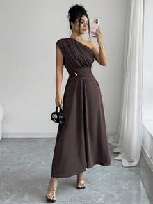 Elenzga Vestido Longo Feminino Primavera/Verão Estilo Francês Chique Luxo Elegante Minimalista Design de Alta Qualidade Casual Boêmio Férias Trabalho Confortável Cor Sólida Decote Assimétrico Costas Franzidas Cintura Elástica Ajustada A-Line Decoração com Contas Sem Mangas - Castanho - Visão 7