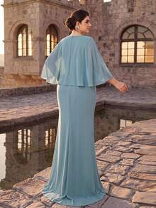 Serin Plus Size Elegant Classy Formal Party Bridesmaid Dusty Blue 3D Floral Flutter Sleeve Chiffon Ruched A-Line Dress Evening Dinner Wedding Prom Fall - Baby Blue - View 4