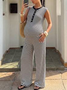 SHEIN Mono casual de maternidad con media tapeta de botones y rayas - Blanco y Negro - Ver 1