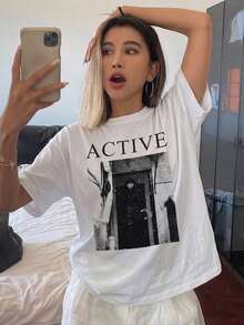 DAZY Figure & Letter Graphic Drop Shoulder Tee Oversized T-Shirt Preppy Tops - White - View 10