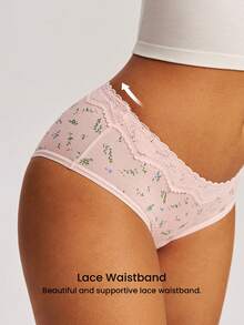 LUVLETTE 3-Pack Soft Cotton Basic Floral Print Lace Trim Mid-Waist Underwear Briefs-Pink - Multicolor - View 10