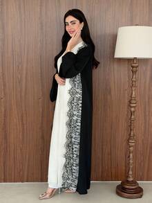 Yasmeen Edit Yasmeen Edit Elegant High-End Sexy Black And White Color Block Lace Patchwork Long Women's Abaya - Black and White - View 3