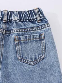SHEIN 少女秋冬新款熱銷清新蝴蝶結毛巾刺繡淺藍水洗牛仔兩件套，時尚短款牛仔夾克 + 寬鬆直筒寬腿牛仔褲 - 淺色水洗藍 - 查看 6