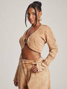 NYA SZN Mayleen Denim Top Cropped Bolero Acid Wash Stone Hardware Country Punk Streetwear Western Date Night Night Out Casual Outfits For Women Brown Autumn - Orange - View 6