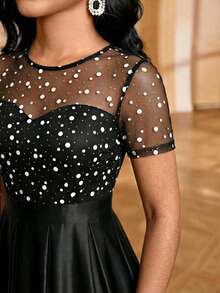 SHEIN Lady Plus-Size Elegant 1950s Vintage 1920s Party Formal Evening Cocktail Dress With Polka Dot Print, Mesh Paneling, Pleated Waist, Satin Hem Black - Black - View 7