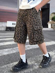 SHEIN Little Byeori 兒童青少年男孩豹紋休閒百搭日常穿著工裝牛仔短褲，附口袋 - 彩色 - 查看 7