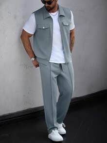 SLATEMANN Conjunto de chaqueta chaleco de utilidad con cremallera delantera y pantalones largos con cintura con cordón para hombre - Neblina azul - Ver 5