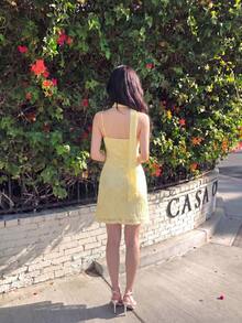 Skyraze Sunshine Yellow Lace Asymmetric Halter Mini Dress With Draped Neck Scarf - Ruched Waist, Slim Fit A‑Line Skirt & Floral Embossed Lace For Summer Parties & Date Nights - Yellow - View 3