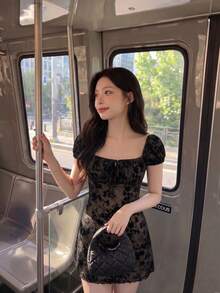 SHEIN MOD Của phụ nữ Hoa Nhung Lưới Ruy băng Buộc Đầm - màu đen - Xem 5