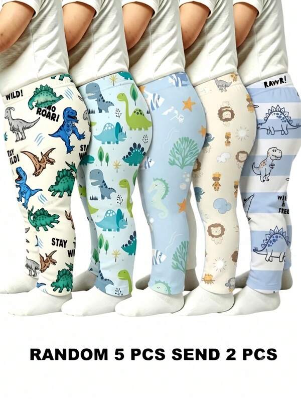 RANDOM 5 PCS SEND 2 PCS, New Cute Clothing Comfortable Minimalist Soft Casual Cartoon Print, Cute Boys Pants Daily Wear, Boys Favorite Pattern Gift