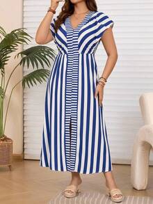 Rosumi Gaun Karaoke Kasual Musim Panas Wanita Ukuran Besar Motif Garis-garis Biru & Putih - Blue and White - View 4