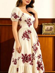 Auvina Vestido Elegante Feminino Plus Size com Decote Quadrado, Cintura Marcada, Estampa Floral e Silhueta A, Vestido Feminino, Vestido de Verão, Elegante para Encontro, Festa, Aniversário - Multicolorido - Visão 3