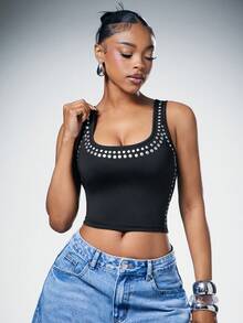 Denimoi Women's Rhinestone Design Square Neck Fitted Cropped Tank Top - Black - View 5