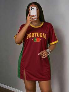Slaydiva Women's Loose V-Neck Portugal National Football Team Jersey, Yellow, Contrast Color Collar And Cuff Stripes, 2026 World Cup Sports Fashion Match Day Football Street Plus Size Dress - Multicolor - View 3