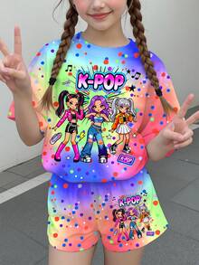 少女卡通女團印花圖案彩色短袖T恤與短褲2件套，適合夏季度假，粉色Y2K風格 - 彩色 - 查看 2