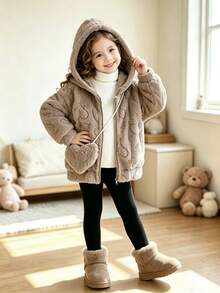 Elladie kids 女童毛絨外套，3D愛心紋理圖案，柔軟可愛，增添甜美少女魅力，毛絨材質，觸感柔軟，穿著舒適保暖，適合秋冬，附贈同色斜挎包，小巧可愛設計，實用且時尚 - 卡其色 - 查看 7