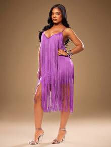 Radiana Women's Solid Color Tassel Design Spaghetti Strap Dress, Suitable For Night Out, Date, Party, Birthday, Banquet, Evening, Cocktail, Ball, Club Purple - Purple - View 8