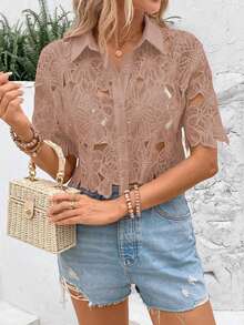 SHEIN Clasi 女款素色單排扣休閒百搭日常穿著襯衫 - 咖啡棕 - 查看 3