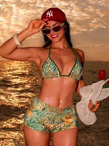 Swim SXY Conjunto de 3 piezas de bikini sexy con estampado de bloques de color y diseño tropical, con copa triangular y braguita hipster, para playa y fiesta, verde, verano, para mujer - Verde - Ver 4