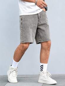 Manfinity Hypemode Pantalones cortos de mezclilla para hombre con estampado de ola, velero y dragón - Gris Claro - Ver 5