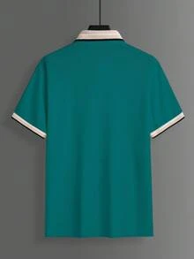 Calvornis 男士珠飾羅紋領刺繡短袖休閒 Polo 衫 - 綠色 - 查看 6