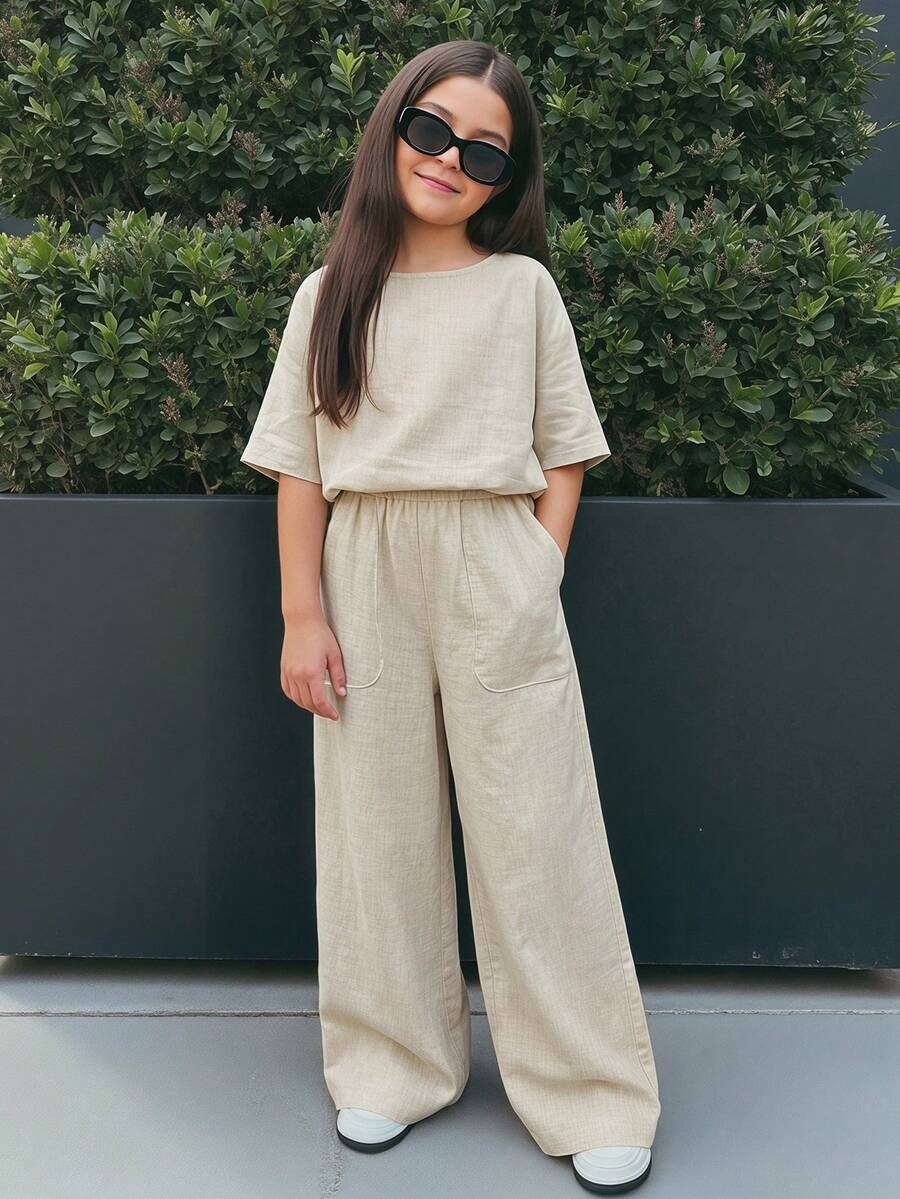 Firerie Kids Firerie Kids 少女T恤套装,新款卡其色圆领短袖T恤和裤子套装,夏季 - 卡其色 - 查看 1