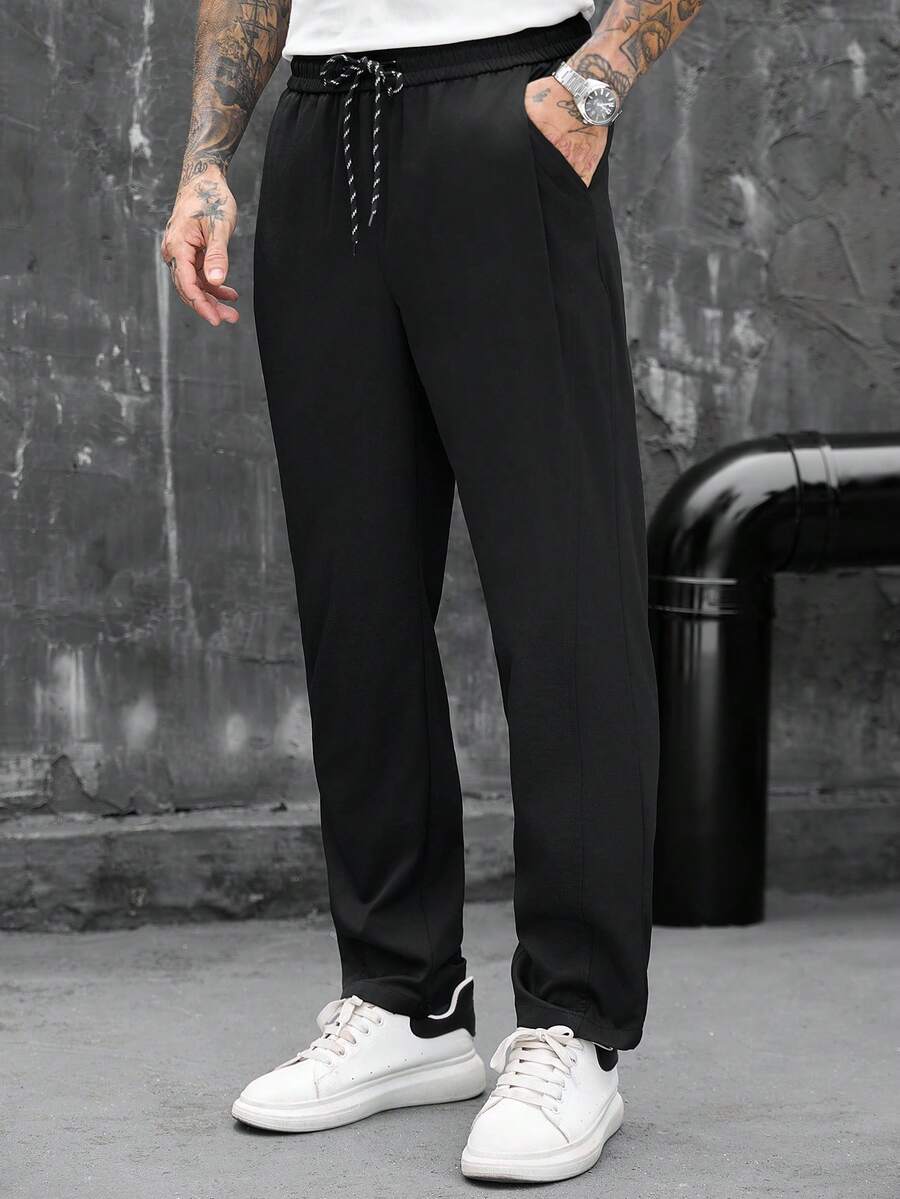 SLATEMANN Men's Solid Color Waist Tie Business Casual Pants - Black - View 1
