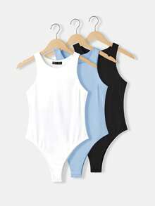 SHEIN BASICS 3件組休閒圓領無袖連身衣，純色針織修身款女款夏季居家服，白色、水藍色、黑色 - 淺藍色 - 查看 1