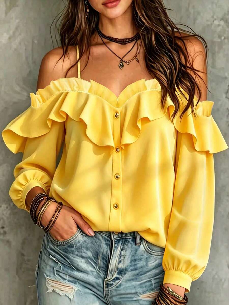 Glimmora Women's Elegant Daily Solid Color Ruffle Off-Shoulder Front Button Shirt Vacation Yellow Autumn - Yellow - View 1