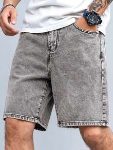 Manfinity Hypemode Pantalones cortos de mezclilla para hombre con estampado de ola, velero y dragón - Gris Claro - Ver 4
