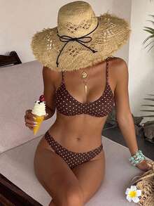 Livesso Set Pakaian Renang Seksi Wanita: Tank Top Motif Polkadot dan Bawahan Bikini Segitiga untuk Liburan Pantai - Coklat - View 4