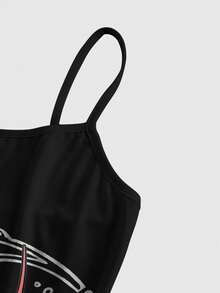 ROMWE Street Life Dark Punk Music Festival Mysterious Heart & Thorn Allover Print Sexy Spaghetti Strap Stretchy Plus Size Dress, Spring/Summer - Black - View 3