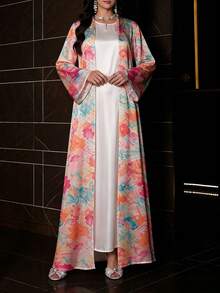 SHEIN Najma 女款花卉植物夢幻配色印花優雅阿拉伯式長袍，春秋時尚長袖前開襟長外套，舒適緞面阿拉伯風服飾 - 彩色 - 查看 5