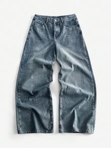 ROMWE MEN Jeans de corte holgado con patrón bordado para hombre - Azul - Ver 3