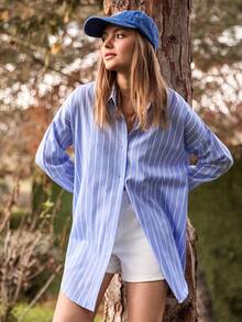 Cloudara WOMAN BLUE AND WHITE LINED POPLIN BLOUSE - Blue and White - View 4