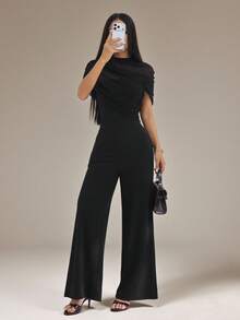 SHEIN PETITE 女款素色立領百褶優雅寬腿連身褲 - 黑色 - 查看 5