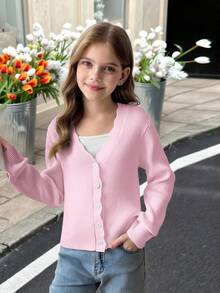 SHEIN 少女秋/冬休閒百搭波浪荷葉邊V領長袖針織開襟衫，優雅淑女風，適合四季穿著，日常穿搭、週末、休閒外出、返校 - 粉色 - 查看 4