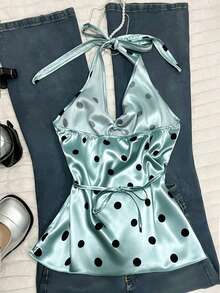 INAWLY Plus Size Women's Summer Casual Polka Dot Print Backless Halter Neck Top - Blue - View 2
