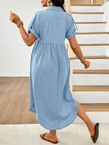 SHEIN Maternity Solid Color Pleated Casual Everyday Summer Dress - Blue - View 4