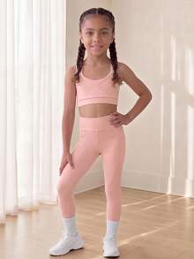 SHEIN Young Girl High Stretch Sportswear Set For Body Shaping, Free Stretching, Sweating-Absorbing, Cycling, Running, Indoor Dancing And, Fall, Yoga, Gym - Pink - View 5