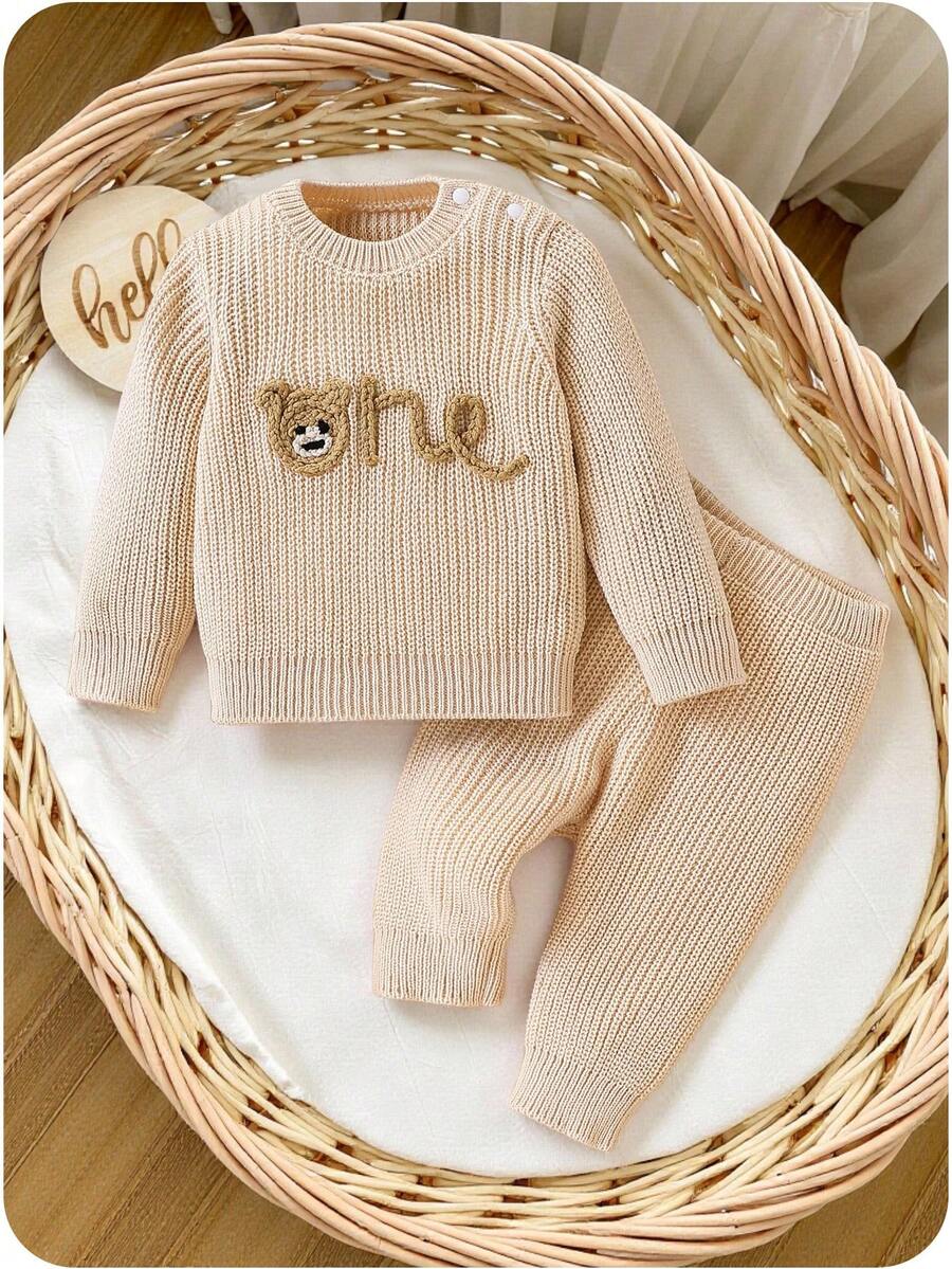 SHEIN Baby Boys Embroidered Knit Sweater & Pants Suit,Soft Summer Colour Palette,Autumn,Cute,Family Matching,Loose Fit Long Sleeve Christmas Outfit Set - Khaki - View 1