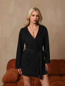 HautHeat Bata de estar en casa elegante de manga larga y color liso para mujer - Negro - Ver 3
