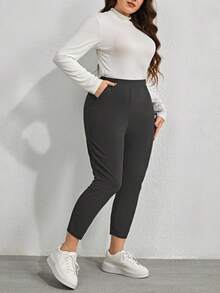 EMERY ROSE Plus Size Casual Versatile Solid Color Slim Fit Pants - Dark Grey - View 3