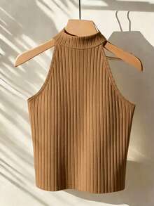 Franclia Women's Solid Color Turtleneck Sleeveless Minimalist Design Ribbed Tank Top - Khaki - View 2