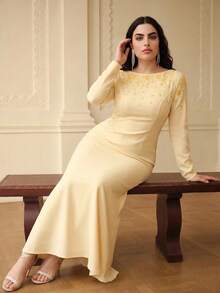 ZEYLAH Spring/Summer Beaded Long Sleeve Mermaid Dress - Yellow - View 2